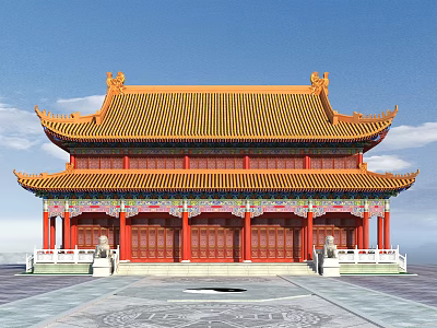 Ancient Chinese Architecture Showcasing Two Story Design Yellow Glazed Roof Red Pillars And Front Square 3d model