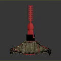 Traditional Architectural Structure With Red Spire And Multi Layered Straw Like Roof