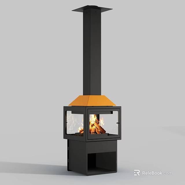 Modern Fireplace Design With Black And Orange Exterior And Glass Panels Burning Fire 3d model 