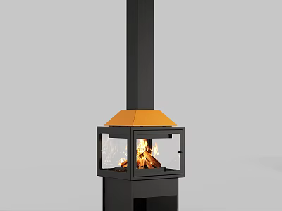 Modern Fireplace Design With Black And Orange Exterior And Glass Panels Burning Fire 3d model