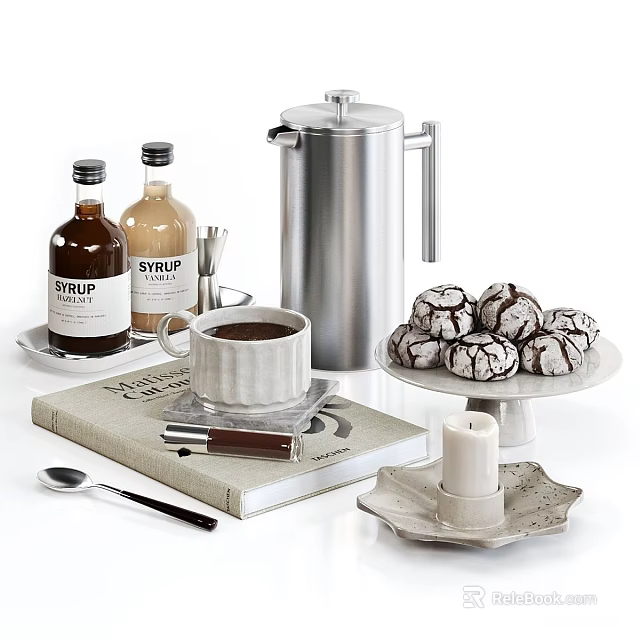 Stylish Decorative Ornament Set With Syrup Bottles Coffee Pot Cookies Book And Candle 3d model 