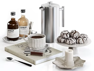 Stylish Decorative Ornament Set With Syrup Bottles Coffee Pot Cookies Book And Candle 3d model