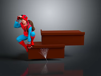 Spider Superhero Character Climbing Stacked Brown Boxes With Red Blue Costume Goggles Backpack Spider Web 3d model