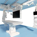 Modern Operating Room Setup With Surgical Table And Hanging Medical Equipment