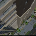 Modern Urban Commercial Complex Featuring Tall Buildings Greenery And Pedestrian Zones