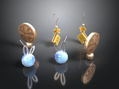 Cute Rabbit Ear Shaped Earrings With Yellow Flower Charms And Blue Sphere For Daily Use 3d model