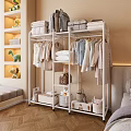 Sturdy White Clothing Rack with Hanging Folded Clothes and Storage Baskets 3d model