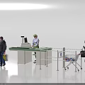 Retail Reception Desk with Staff Cash Register Security Gate and Shopping Cart Shoppers