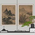 Traditional Chinese Landscape Paintings with Mountains Water Trees and Clouds Hanging on Wall