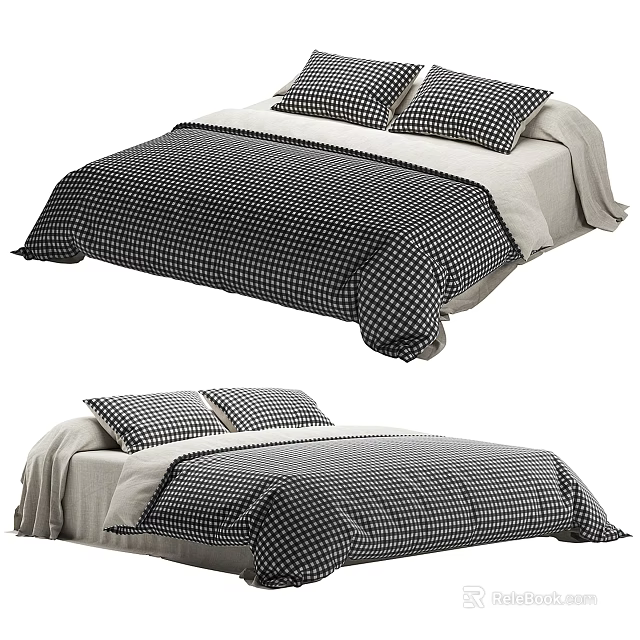 Stylish Double Bed With Black And White Polka Dot Duvet Cover And Pillowcases 3d model 
