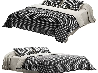 Stylish Double Bed With Black And White Polka Dot Duvet Cover And Pillowcases 3d model