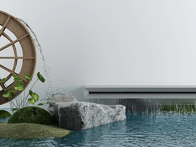 Garden Ornament with Wooden Water Wheel Flowing Water Stones Green Plants and Small Water Pool 3d model