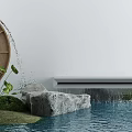 Garden Ornament with Wooden Water Wheel Flowing Water Stones Green Plants and Small Water Pool