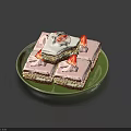 Square Strawberry Cream Cake Pieces With White Cream And Chocolate Base On Green Plate