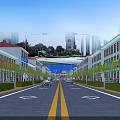 Municipal Road With Marked Lanes Street Lamps Green Belts And Buildings On Both Sides