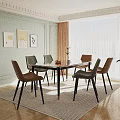 Elegant Dining Table Set Featuring Marble Top Six Brown Chairs Black Legs and Golden Accents