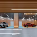 Modern Parking Garage Interior With Wooden Slat Ceiling Direction Signs And Parked Cars