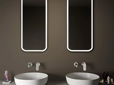 Two White Washbasins with White Framed Rectangular Mirrors Above Dark Brown Walls and Modern Faucets 3d model