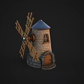 Decorative Windmill Model with Wooden Blades Blue Roof Stone Tower Small Window and Wooden Door