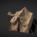 Rustic Striped Cloth Tent Supported By Wooden Poles With Simple Design