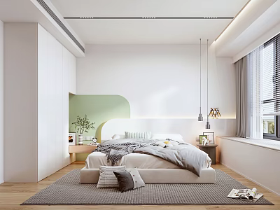 Modern Bedroom With White Walls Green Accent Wooden Floor Nightstand Plant And Hanging Lights 3d model