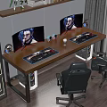 Gaming Office Desk With Dual Monitors Showing Character Keyboard Mouse Mug Gaming Chairs Red Lighting