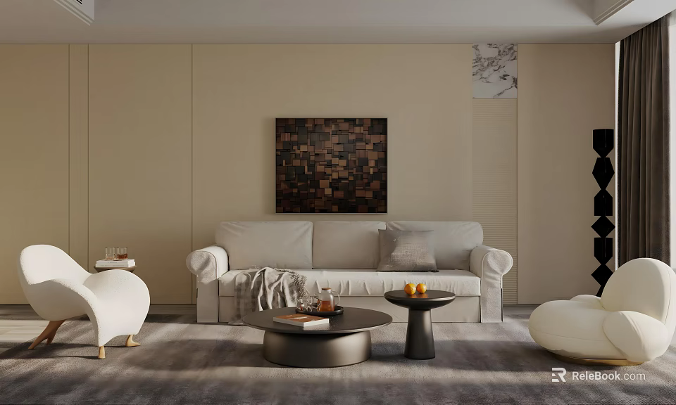 Modern Living Room Interior With Beige Sofa Rug Coffee Table Decorative Artwork And Floor Lamp 3d model 
