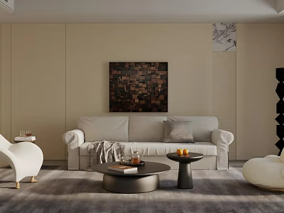 Modern Living Room Interior With Beige Sofa Rug Coffee Table Decorative Artwork And Floor Lamp 3d model