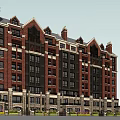 Red Brick Multi Story Building With Stone Base Windows And Decorative Roof 3d model