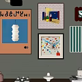 Abstract Paintings Displayed on Wall With Decorative Lamp and Tabletop Items 3d model