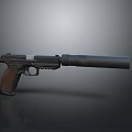 Black Metal Pistol With Silencer And Wooden Grip On Gray Background