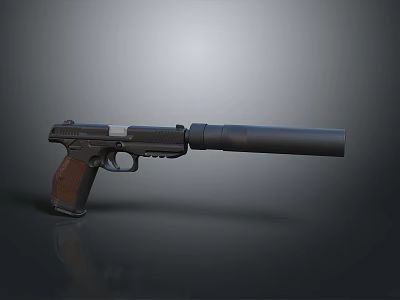 Black Metal Pistol With Silencer And Wooden Grip On Gray Background 3d model