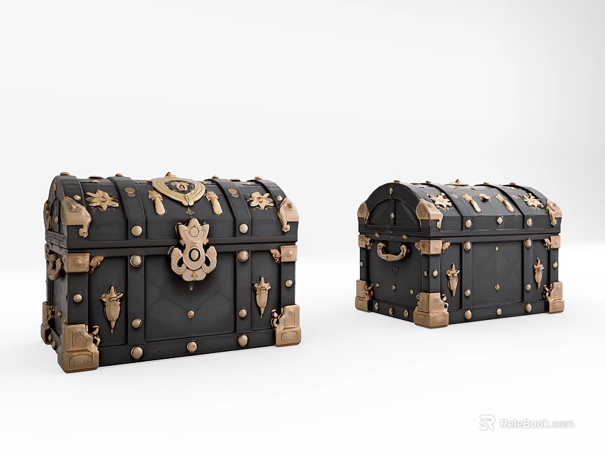 Vintage Black Decorative Chests With Golden Accents And Metal Hardware Details 3d model 