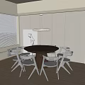 Modern Round Wooden Dining Table Set with Black Chairs Window Blinds and Pendant Lights