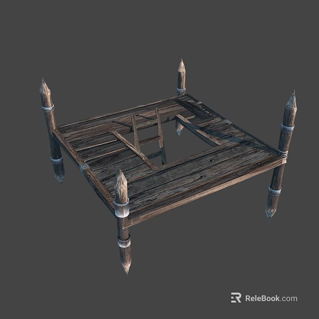 Rustic Wooden Industrial Equipment Platform Featuring Spiked Pillars And Metal Accents 3d model 