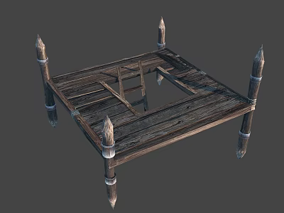 Rustic Wooden Industrial Equipment Platform Featuring Spiked Pillars And Metal Accents 3d model