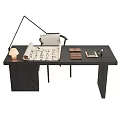 Modern Oak Table and Chair Set with Desk Lamp Notebook and Mug in Minimalist Design