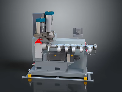 Industrial Processing Equipment With Blue Components Gray Main Body Yellow Support Feet And Conveyor Belt 3d model