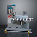 Industrial Processing Equipment With Blue Components Gray Main Body Yellow Support Feet And Conveyor Belt
