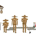 Traditional Agricultural Equipment Scarecrows In Rural Farm For Crop Protection