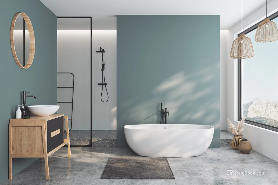 Modern Teal Bathroom Interior With White Freestanding Bathtub Wooden Vanity And Wicker Pendant Lights 3d model 