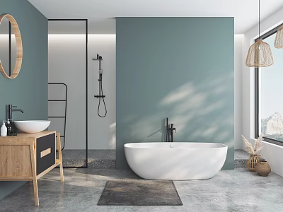 Modern Teal Bathroom Interior With White Freestanding Bathtub Wooden Vanity And Wicker Pendant Lights 3d model