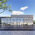 Modern Office Building With Glass Curtain Wall Entrance Design And Surrounding Trees
