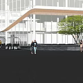 Modern Commercial Street With Green Landscaping Pedestrian Walkways And Buildings