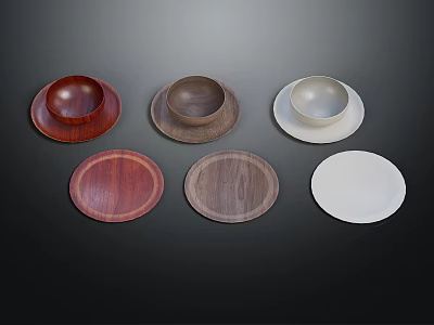 Various Colored Wooden And White Bowls And Plates For Daily Household Use 3d model