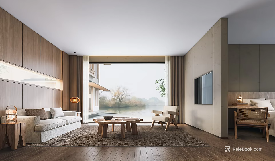 Modern Living Room With Wooden Walls Flooring Large Windows Light Sofa And Lake View 3d model 
