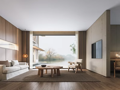Modern Living Room With Wooden Walls Flooring Large Windows Light Sofa And Lake View 3d model