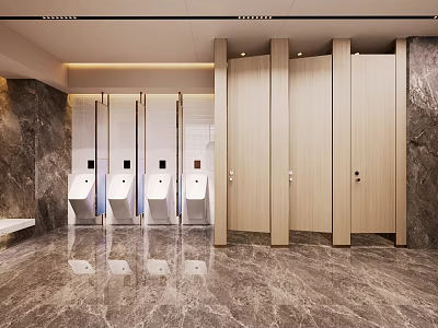 Modern Elegant Public Toilet Interior With Polished Marble Floor Wooden Stall Partitions And Sensor Urinals 3d model