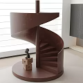 Modern Brown Spiral Staircase Interior With Wooden Floor Stacked Boxes And Small Sculpture