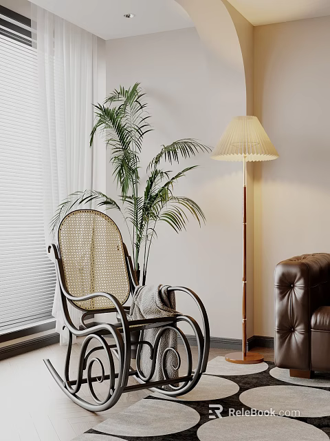 Cozy Rattan Leisure Chair With Palm Plant Floor Lamp And Leather Sofa By White Curtains 3d model 
